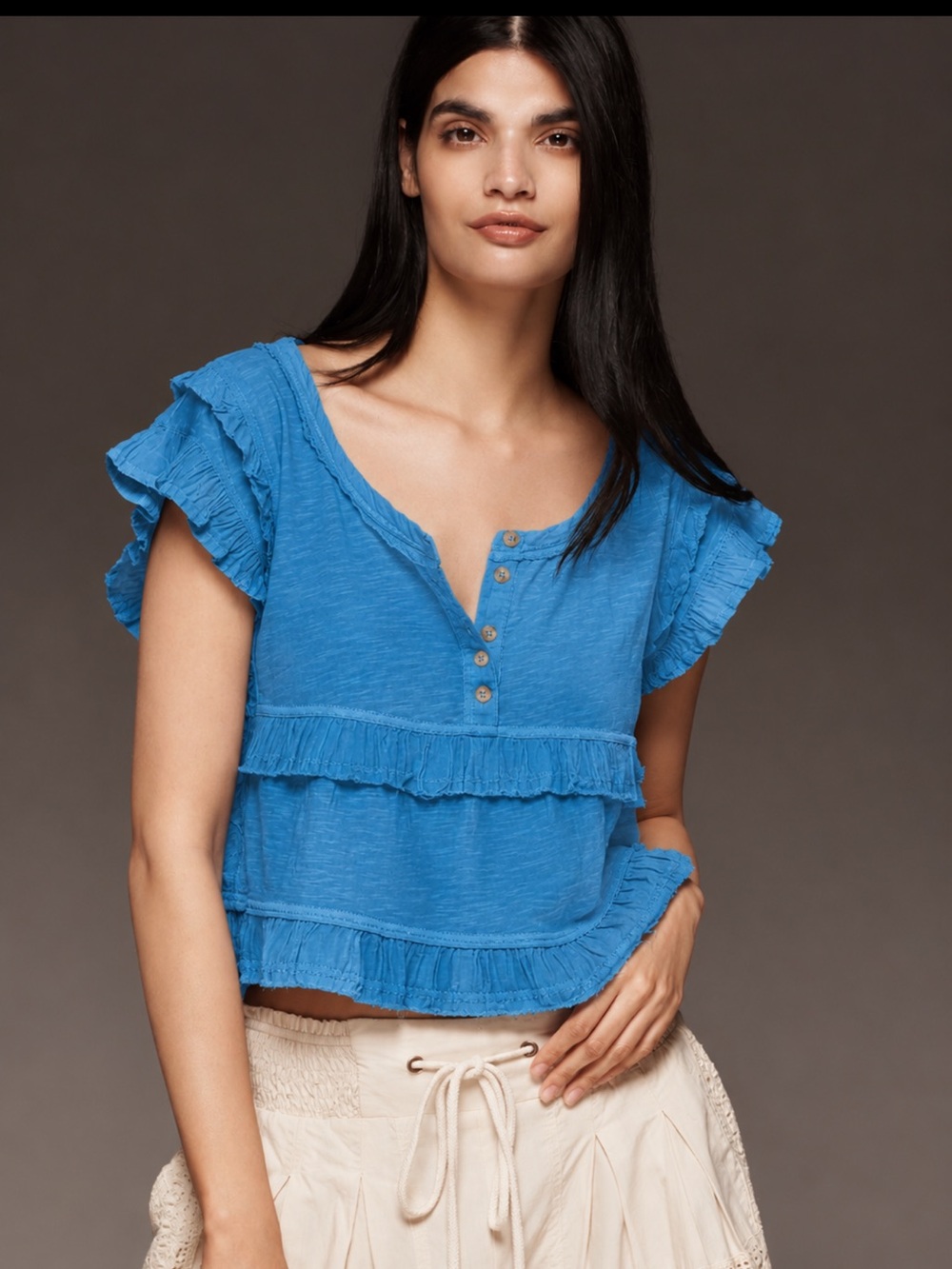 Pilcro Short Sleeve Ruffle Henley Baby Tee